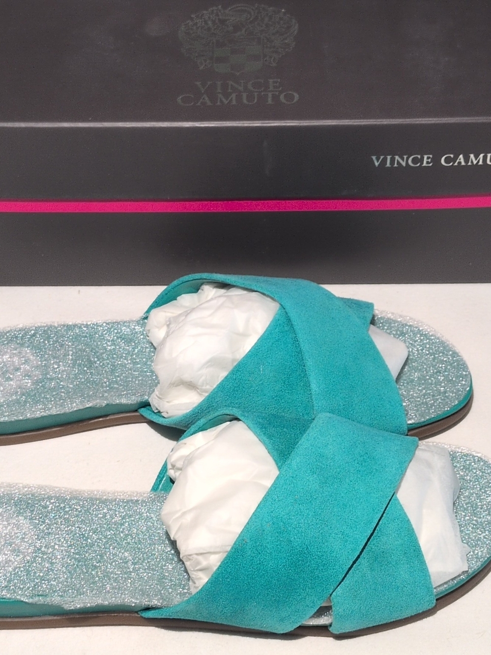 Vince Camuto Turquoise Suede Cross-Strap Slide Sandals
